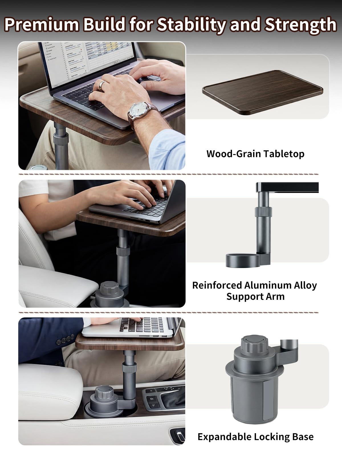 Solid Wood Car Laptop Desk With 360° Rotation