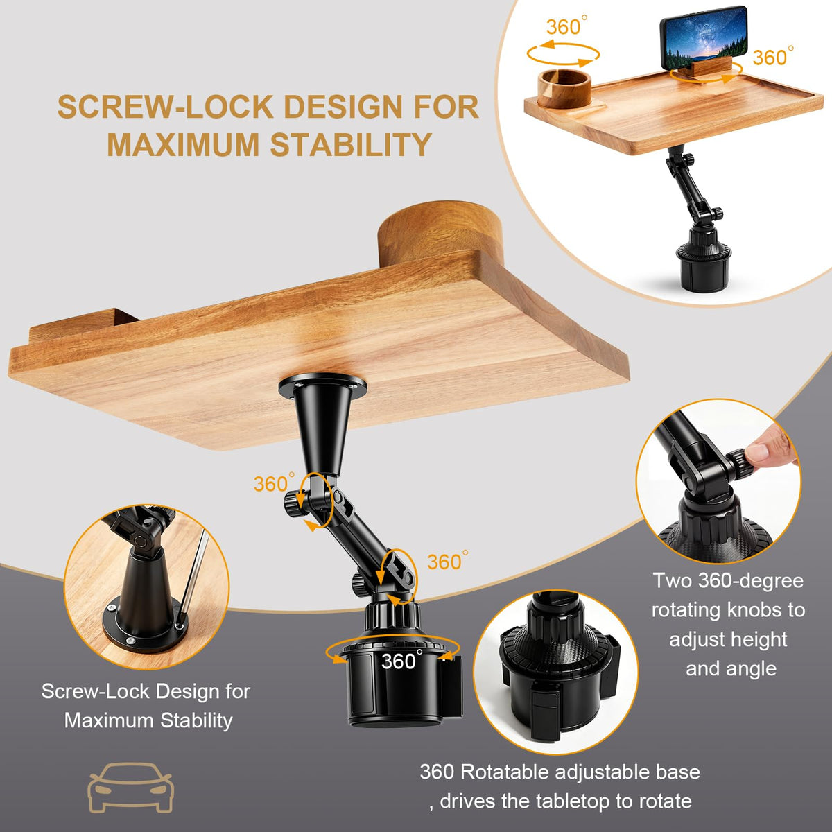 2-in-1 Wooden Car Laptop Desk With Cup Holder