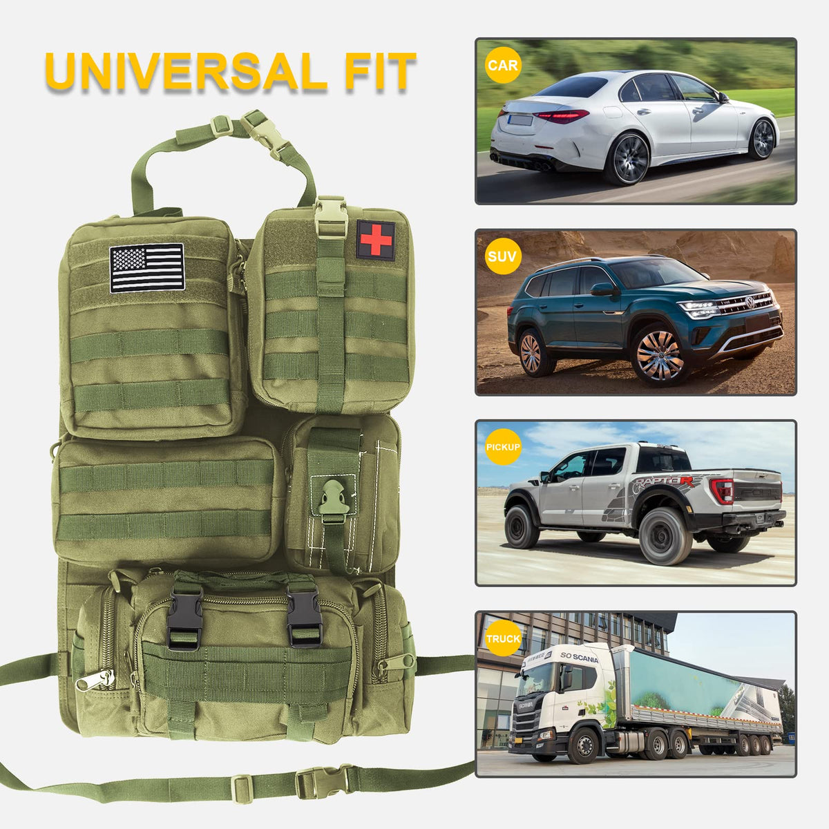 Tactical Seat Back Organizer With Detachable Pouches