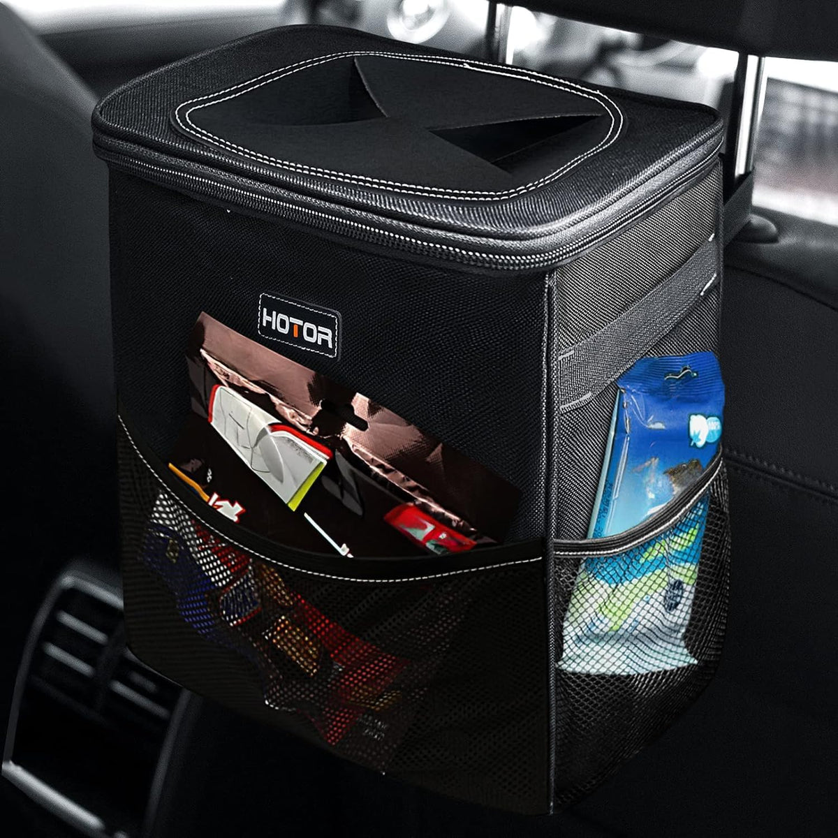 Leakproof Car Trash Can With Storage Pockets